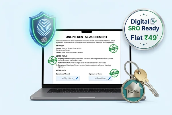 Digital rental agreement on laptop screen with Aadhaar security verification