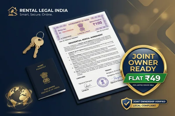 Joint ownership rental agreement with NRI passport emblem and house keys