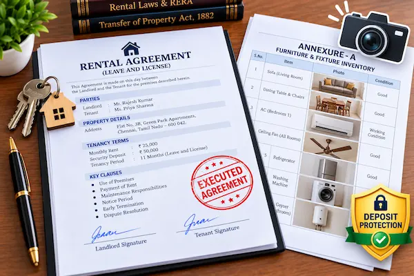 Rental agreement with attached inventory checklist and camera icon