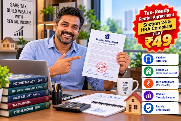 Indian landlord holding tax-ready rental agreement with laptop