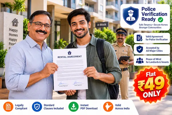 Landlord smiling with verified tenant holding rental agreement in India