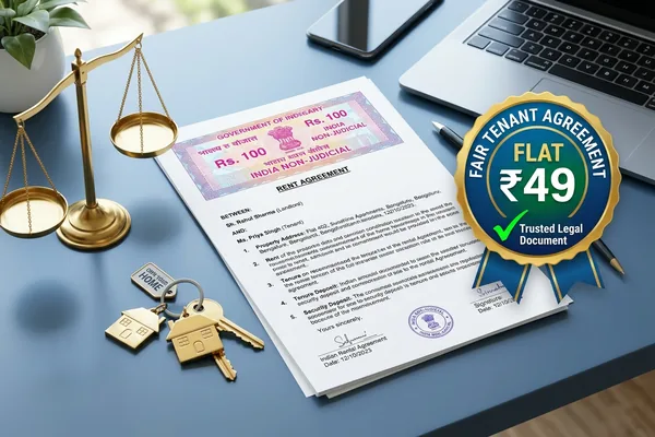 Balanced rental agreement document with balance scale symbol and house keys